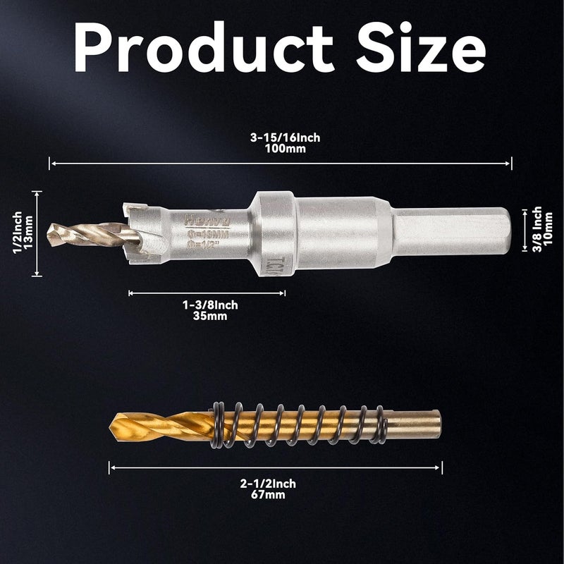 Henvo Hole Saw 1/2" (13mm) Heavy Duty Carbide with 2 Pilot Drill Bits - Metal Hole Cutter Cuts Stainless Steel, Iron, Copper, Brass, Plastic - Image 2